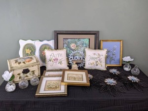 lot 35 image: Assorted Floral Themed Home Decor - Pillows, Framed Artwork, FaithHope Pillows, and more
