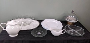 lot 39 image: Lovely Assortment of Serving Items - Bowls, Candy Dish, Plates, Gravy Bowl, Cupcake Stand, Teapot, and more