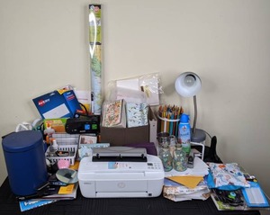 lot 23 image: Large Office Lot  HP Deskjet 3700 Printer, Sharp Digital Alarm Clock, Photo Paper, Note Cards, Desk Lamp, US Wall Map, and Much More