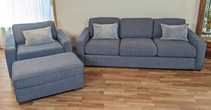 lot 16 image: Charming Soft Blue Sofa and Matching Chair with Ottoman