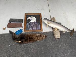lot 91 image: Framed Eagle Picture, Hanging Fish, and More