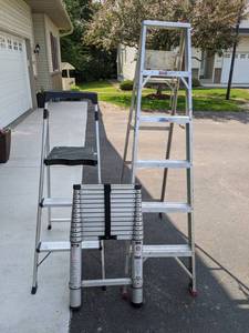 lot 93 image: 12.5 Foot Extension Ladder, 6 Foot Ladder and 33.6 Inch Step Ladder