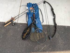 lot 99 image: Fishing Poles, Rackets, Chairs and Compound Bow