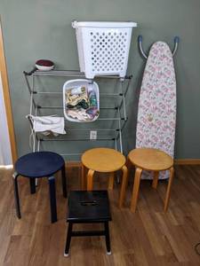 lot 80 image: Clothing Rack, Ironing Board, Stools, Heating Pad, & More