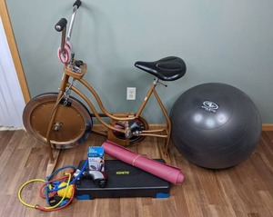 lot 58 image: Exercise Equipment Stationary Spin Bike, Stepper, Muscle Massager, Resistance Bands and More