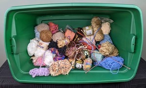 lot 69 image: 30-Gallon Sterilite Storage Bin, Collection of Yarn and Knitting Needles