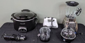lot 64 image: Kitchen Appliances  Crock Pot, Kitchen Aid Mixer, Oster Blender, Dash Egg Cooker, Mini Food Processor, Black & Decker Electric Knife