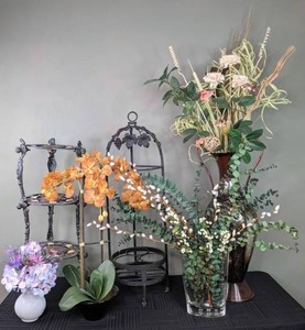 lot 67 image: Faux Floral Arrangements, Umbrella Stand, 3-Tiered Plant Stand, and More