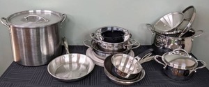 lot 71 image: Collection of Pots, Pans, Lids, Large Stock Pot, and More
