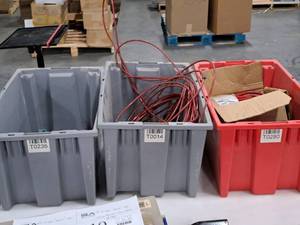 lot 411 image: Lot of (3) Totes with Nuts, Bolts, Eye Bolts, 4AWG Power Cable, Husky 300PIS Air Hose