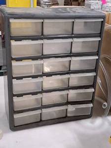 lot 418 image: Plastic Parts Organizer Cabinet 18-bin with Misc Hardware