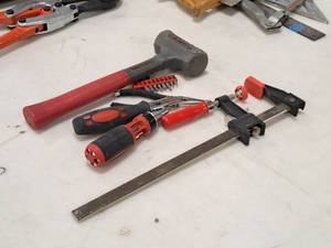 lot 432 image: Lot of (7) Hand Tools - Mallet, Slide Clamp, Screwdrivers and Bit Sets, Needlenose Pliers