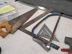 lot 433 image: Lot of (4) Hand Tools - Wood Saw, Tree Saw, Contractor Square, Square