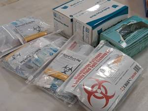 lot 587 image: (4) Biohazard Waste Bag Kits and (3) Boxes of Level 1 Medical Face Masks