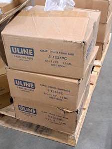 lot 602 image: Lot of (3 Boxes) Uline Plastic 1.5-Mil Deluxe T-Shirt Bags S-12349C 500-count 12x7x22