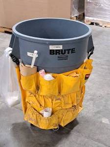lot 624 image: Rubbermaid Brute Commercial Plastic Rolling Trash Can 36x24 with Tool Caddy