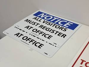 lot 721 image: Lot of (2) NOTICE All Visitors Must Register At Office Metal Sign