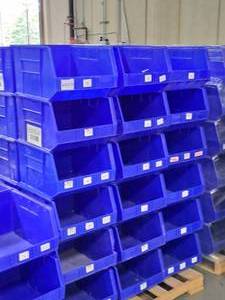 lot 754 image: Lot of (36) Plastic Stackable Storage Bins 18x16-14x11