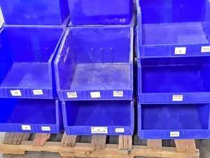 lot 774 image: Lot of (10) Plastic Stackable Storage Bins 18x16-14x11