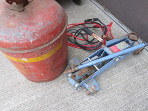 Floor Jack, Jumper Cables, Can