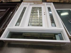 lot 8 image: Front Entryway Single Door with Decorative Full Lite, 2 Decorative Side Lites & Clear Full Top Lite - 71.25 in x 99.5 in -Right Hand Inswing - Interior & Exterior is White Fiberglass - Jamb Approximately 6 916 in (BRICKMOULD IS SCUFFED)