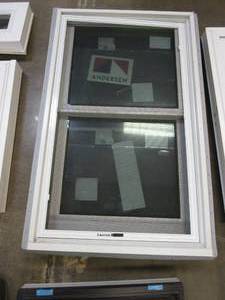 lot 14 image: Andersen 400 Series 27.5 in x 45 in Double Hung Dual Cam Lock Window - Interior is Unfinished - Exterior is White Vinyl (EXTERIOR IS DIRTY)