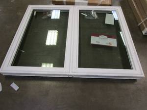 lot 24 image: Simonton 6500 Series 59.5 in x 47.5 in Dual Casement Window in White Vinyl (NO SCREENS, MISSING ONE CRANK)