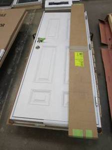 lot 27 image: 33.5 in x 81.75 in 6 Panel 20 Minute Fire Rated Smooth Door with Brushed Nickel Hardware in Primed White - Right Hand Inswing (SLIGHT SCRATCHES & SCUFFS)
