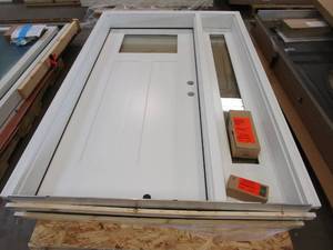 lot 29 image: Front Entryway 53.25 in x 81.75 in 3 Panel Door with Full Side Lite in Alpine White with Woodgrain Look Brickmould - Left Hand Inswing