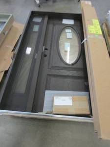 lot 30 image: Front Entryway 51.875 in x 81.6875 in Single Door with Oval 34 Lite & Venting Side Lite - Right Hand Inswing - Exterior Color Smoke - Interior Color Natural Oak (CHIP BOTTOM LEFT EXTERIOR CORNER)