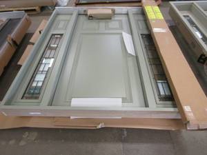 lot 31 image: Front Entryway 68.43 in x 81 in 3 Panel Single Door with 2 - 34 Decorative Side Lites - Right Hand Inswing - Exterior Color is Cypress - Interior Color is Almond