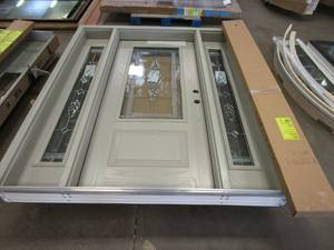 lot 32 image: Front Entryway 68.43 in x 81.68 in 2 Panel 34 - Decorative Lite Single Door with 2 Full Decorative Side Lites - Left Hand Inswing - Interior Color is Black - Exterior Color is Grayish Green (CHIP IN EXTERIOR TRIM AROUND GLASS PANEL)