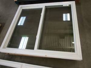 lot 42 image: 59.5 in x 53.5 in Slider Window in White Vinyl (SLIDER HANDLE BENT, SEE PHOTO)