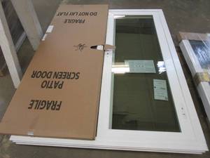 lot 45 image: Simonton 6500 Series 79.25 in x 59.25 in White Vinyl Patio Door with Screen (SCRATCH & DENT, NO HARDWARE) - Right Slide