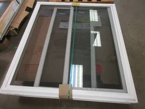 lot 54 image: Simonton 6500 Series 52.5 in x 60.25 Slider Window in White Vinyl (MISSING CAM LOCKS)