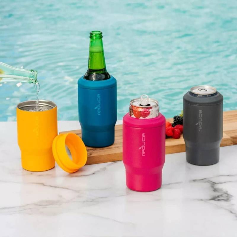 lot 583 image: NEW REDUCE 14 oz. Vacuum Insulated Stainless Steel Drink Cooler, 4 Pack (Summer)