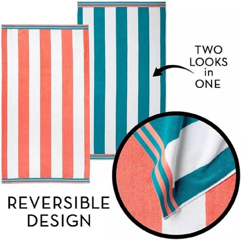 lot 733 image: NEW Pair of Members Mark Cabana Oversized Towel - Coral Teal Stripes  Royal Navy Stripes