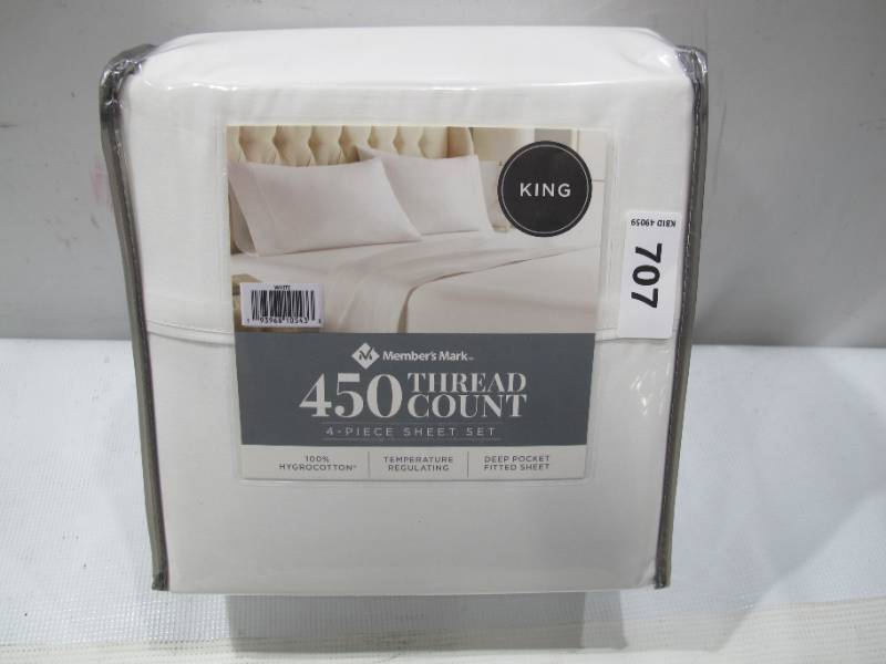 lot 742 image: NEW Members Mark 450-Thread-Count King Size 4 Piece Sheet Set - White