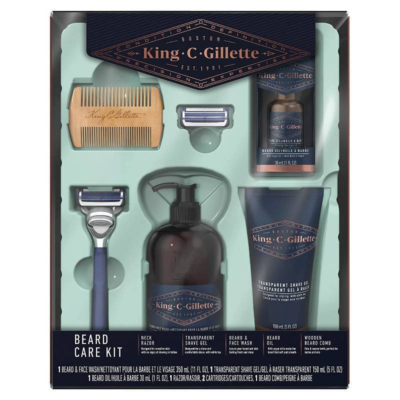 lot 593 image: NEW King C. Gillette Beard Care Kit Featuring 1 Razor with 2 Blade Refills,1 Oz Beard Oil, 11 Oz Beard Wash, 5 Oz Shave Gel, 1 Comb