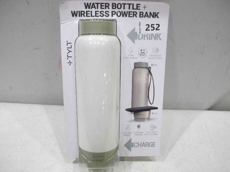 NEW Tylt 12 Hour Hot/Cold Water Bottle & Qi Wireless Power Bank, 24oz,  White with Tan, Sky Groups 4th of July Auction - Outdoor, Tarps, Clothing,  Housewares, Arcades, and More!!