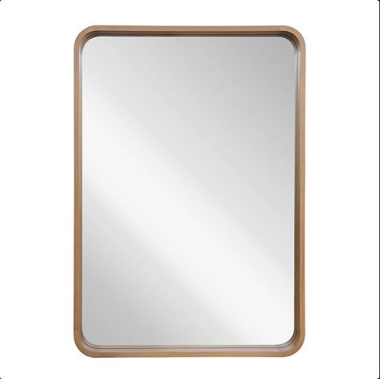 lot 76 image: WallBeyond 30 x 42 Round Corner Wall Mirror, Natural Wood