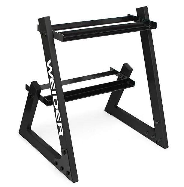 lot 474 image: NEW Weider 100 Lb. Dumbbell Set with 2-Tier Storage Rack