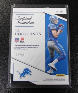 lot 4 image: 2019 Panini Majestic Scripted Swatches TJ Hockenson Rookie Patch Autograph 7999  Only 99 Exist