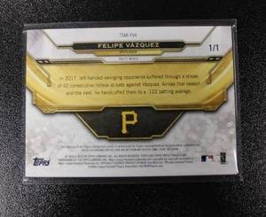 lot 70 image: 2019 Topps Triple Threads White Whale Printing Plate Felipe Vazquez Patch Autograph 11  Only 1 Exist