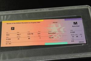 lot 137 image: 1984 Olympics Basketball August 1st, 1984 Ticket Stub PSA 8