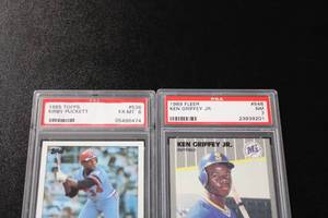 lot 154 image: 1985 Topps Kirby Puckett #536 Rookie Card PSA 6 & 1989 Fleer Ken Griffey Jr #548 Rookie Card PSA 7