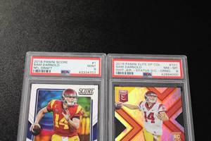 lot 155 image: 2018 Score NFL Draft Sam Darnold PSA 9 & 2018 Elite Orange Sam Darnald PSA 8