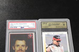 lot 159 image: 1997 Racers Choice Dale Earnhardt #27 MGS 9 & 1997 Ultra Figus Rock Flea PSA 3