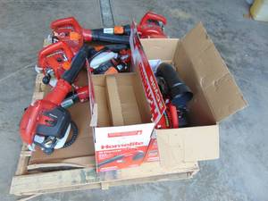 lot 33 image: Pallet of Homelite and Ryobi Blowers, Trimmers and Chain Saw Store Returns Untested for Repair