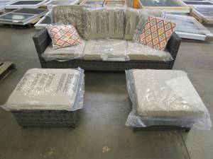 lot 95 image: Ovios Outdoor Brown Wicker Sofa with 2 Ottomans - Tan Cushions - Decorative Pillows